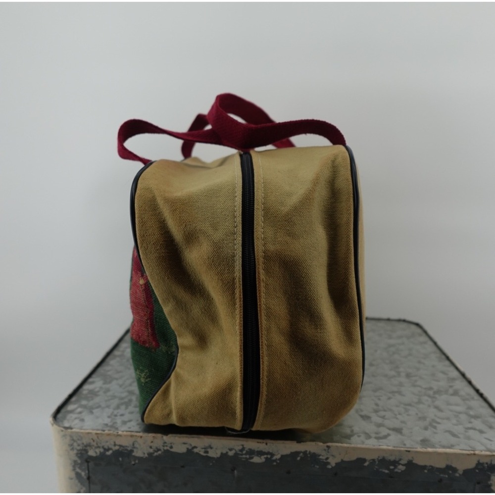 Vintage Tapestry Golf Scene Small Duffel Bag Tan Canvas Burgundy Handles - Picture 3 of 10
